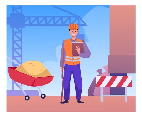 Man builder in uniform with helmet and vest stands with crutch  Illustration