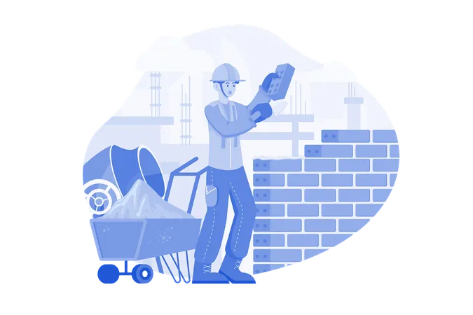 Man Builder With Trowel Laying Bricks In The Wall イラスト