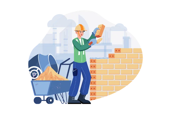Man Builder With Trowel Laying Bricks In The Wall イラスト