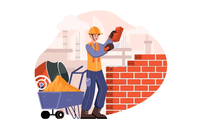 Man builder with trowel laying bricks in the wall  Illustration