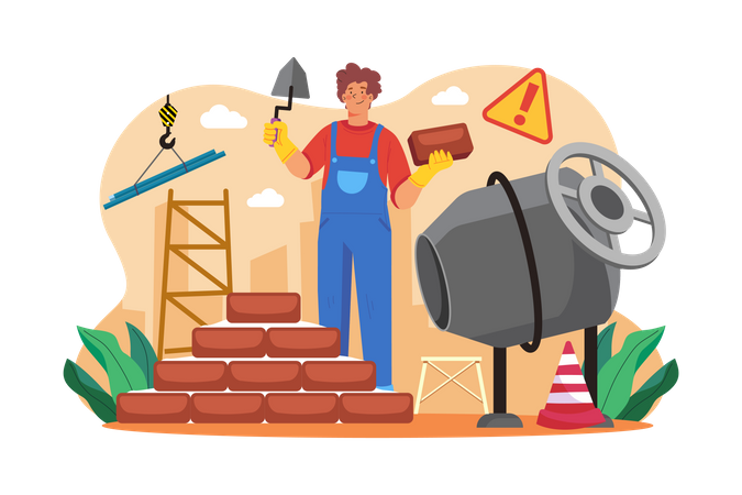 Man builder with trowel laying bricks in wall Illustration