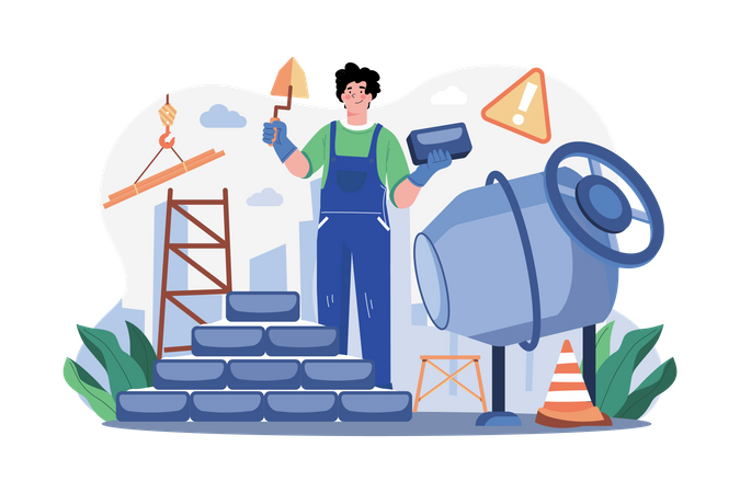 Man builder with trowel laying bricks in wall Illustration
