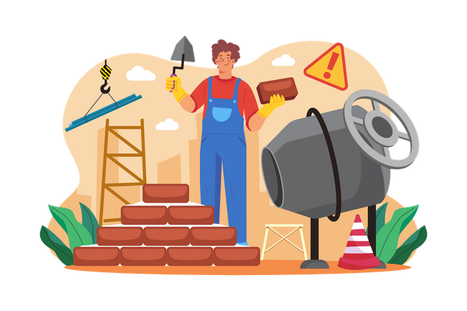 Man builder with trowel laying bricks in wall  Illustration