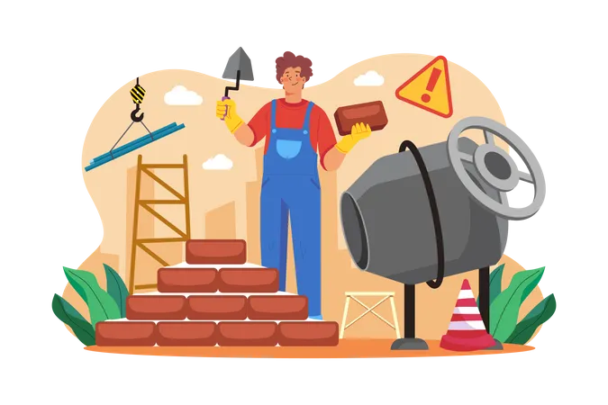 Man builder with trowel laying bricks in wall  Illustration