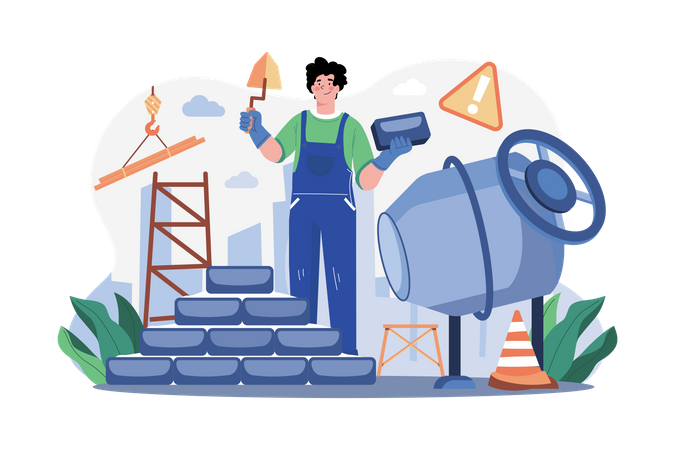 Man builder with trowel laying bricks in wall  Illustration