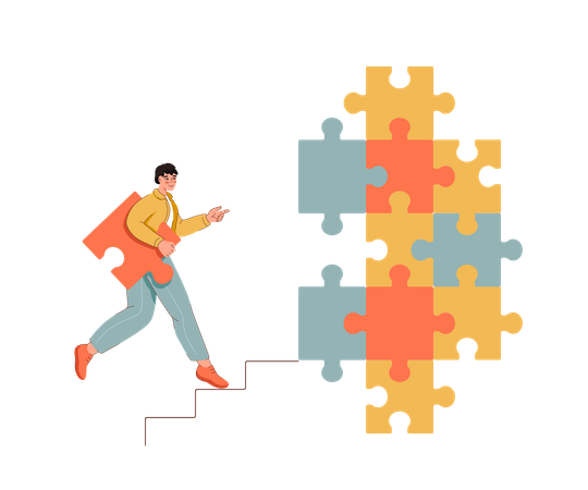 Man building his own business connecting small pieces of puzzle into single whole  Illustration
