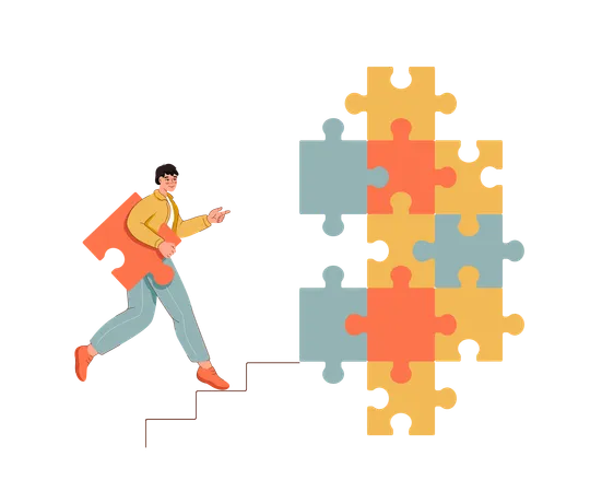 Man Is Building Own Business Connecting Small Pieces Of Puzzle Into Single Whole Guy Demonstrates Strategic Thinking And Ambition When Creating Marketing Plan To Promote Business Illustration
