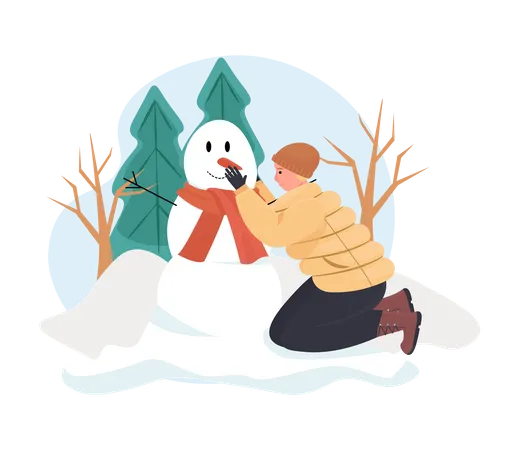 Man Building Snowman in Winter  Illustration