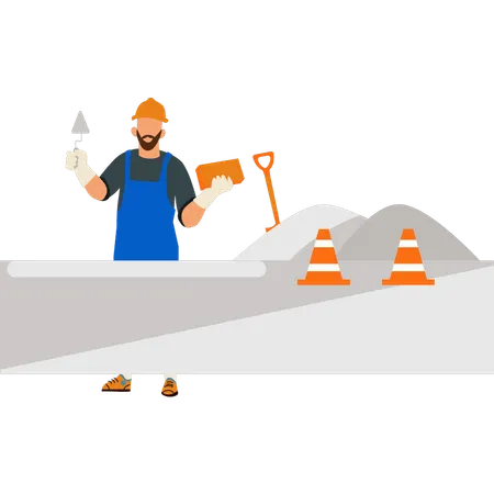 A Worker Is Building A Wall Illustration