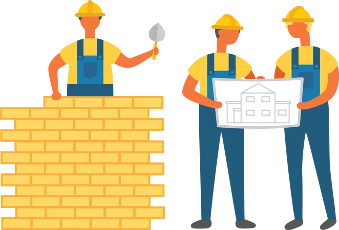 People Reading Plan On Paper Vector Man With Scheme On Document Person Holding Shovel Building Wall With Cement And Bricks Flat Style Characters Illustration