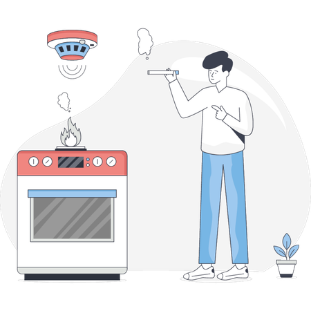 Man Burning cigarette while smoke alarm bringing  Illustration