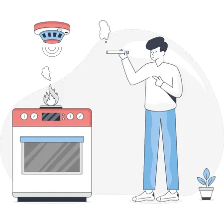 Man Burning cigarette while smoke alarm bringing  Illustration