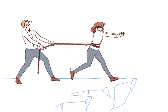 Man business mentor saves subordinate from failure pulling rope tied to girl walking towards cliff  Illustration