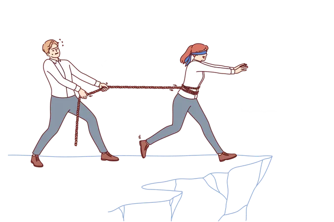 Man business mentor saves subordinate from failure pulling rope tied to girl walking towards cliff  Illustration