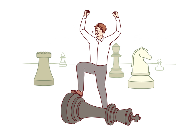 Man business strategist celebrates victory over competitor located on giant chessboard  Illustration