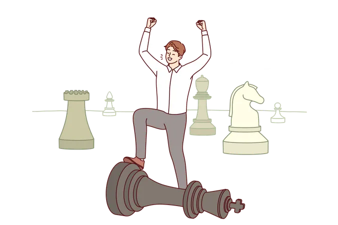 Man business strategist celebrates victory over competitor located on giant chessboard  Illustration