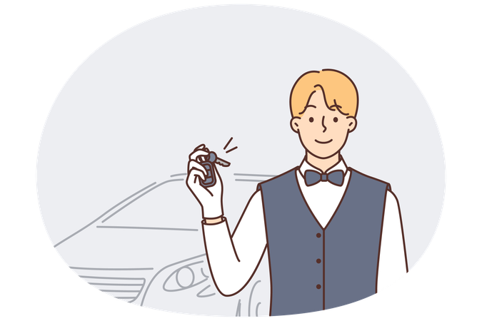 車のキーを持った男性執事が、VIPゲストとのイベントで自動車の駐車を申し出ている  イラスト