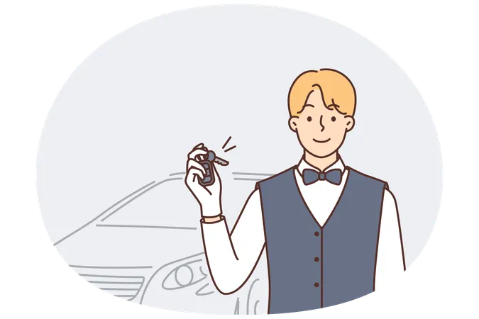 車のキーを持った男性執事が、VIPゲストとのイベントで自動車の駐車を申し出ている  イラスト
