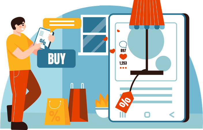 Man buy discounted items online  Illustration