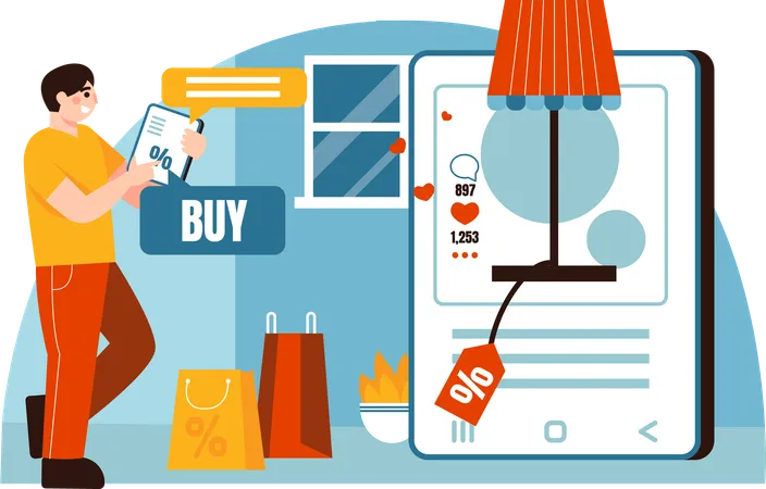 Man buy discounted items online  Illustration