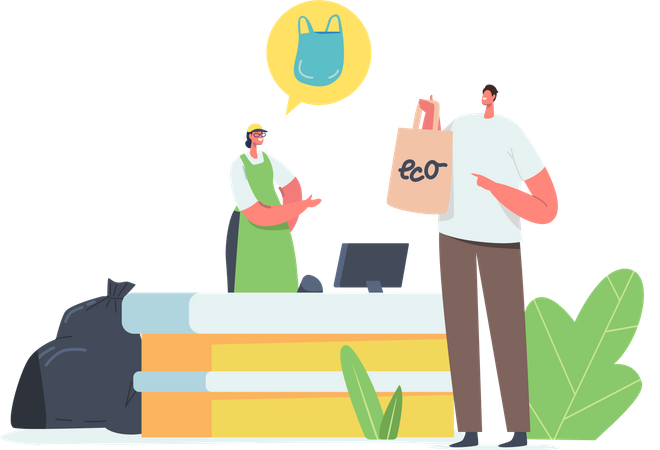 Man Buy Food in Reusable Eco Friendly Bag  Illustration