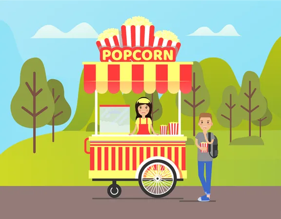 Man buy popcorn in street kiosk  イラスト