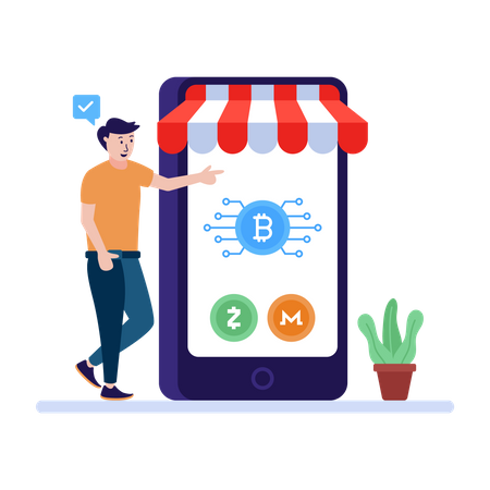 Man buying bitcoin from cryptocurrency exchange Illustration