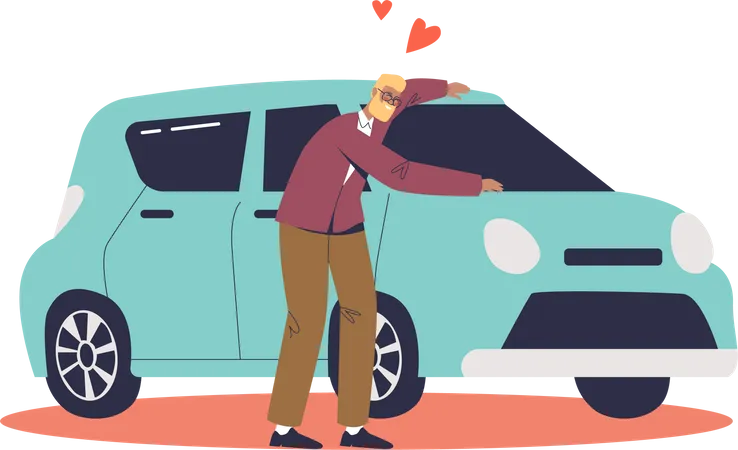 Happy Man Buying Car Cheerful Male Vehicle Owner Hugging With Love New Auto Driver With Auto Automobile Ownership Concept Cartoon Flat Vector Illustration Illustration