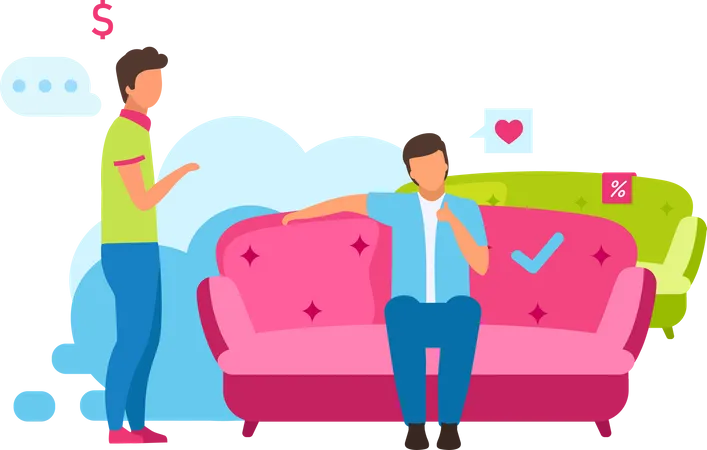 Man Buying Couch Flat Vector Illustration Boy Choosing Comfortable Sofa For Interior Design Shop Assistant Helping Customer Cartoon Characters Consumer Making Purchases In Furniture Store Illustration