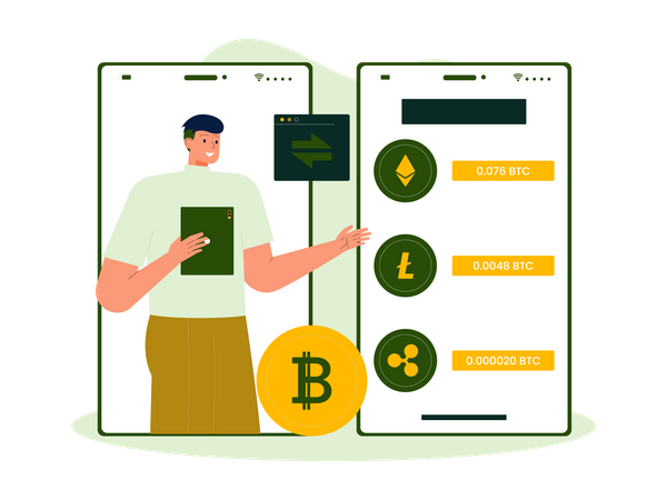Man buying crypto through mobile exchange Illustration