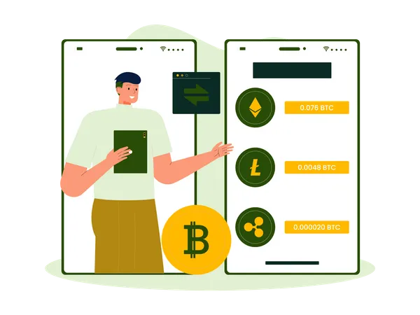 Man buying crypto through mobile exchange Illustration