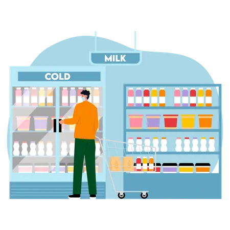 Man buying dairy items at supermarket Illustration