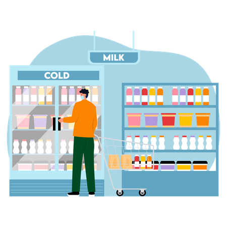 Man buying dairy items at supermarket  Illustration