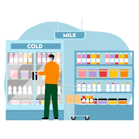 Man buying dairy items at supermarket  Illustration