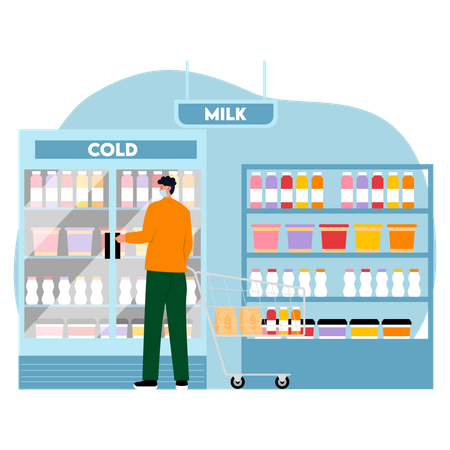 Man buying dairy items at supermarket  Illustration