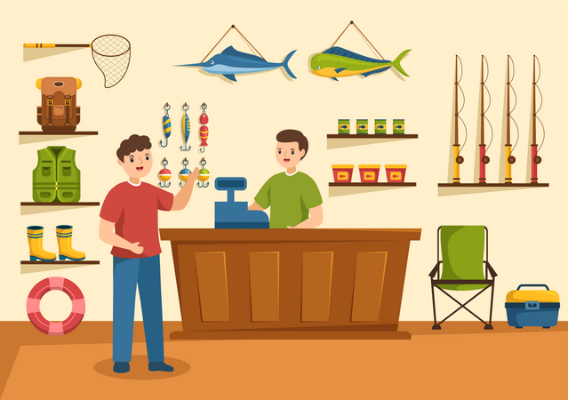 Man buying fish catching equipments  Illustration