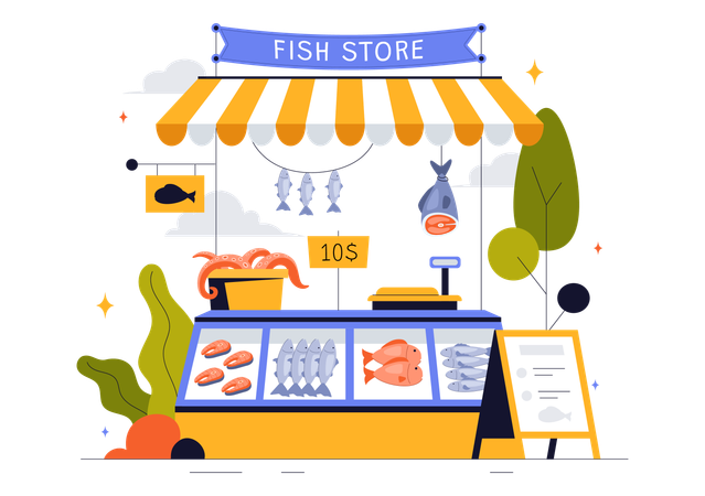 Man buying fish from fish store  Illustration