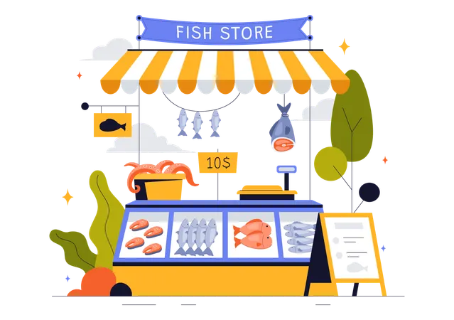 Man buying fish from fish store  Illustration