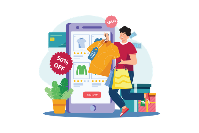 Man buying goods via the internet app  Illustration