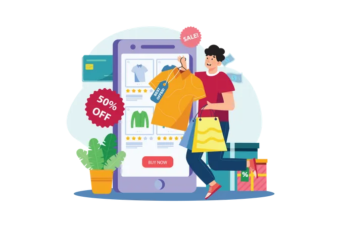 Man buying goods via the internet app  Illustration