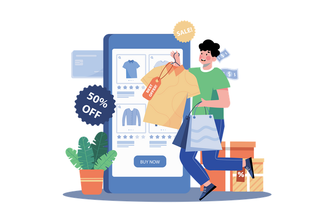 Man buying goods via the internet app  Illustration