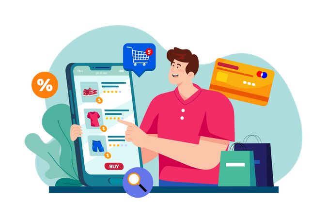 Man buying goods via the internet app  Illustration