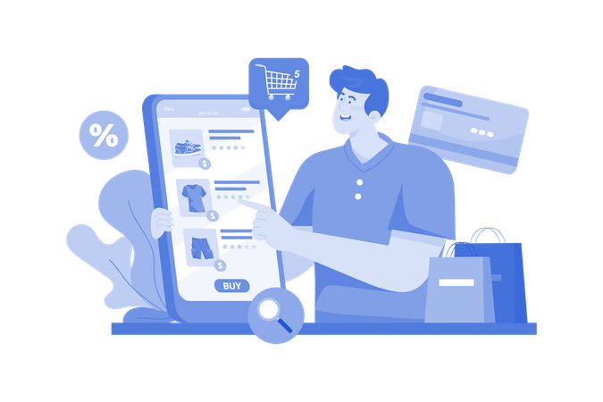 Man buying goods via the internet app  Illustration