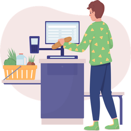 Man Buying Groceries at Self Checkout Illustration