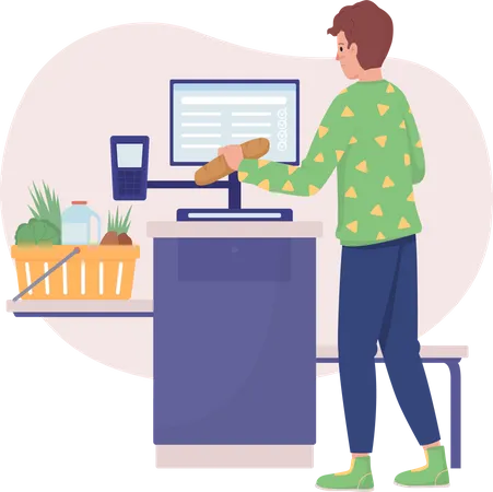 Man Buying Groceries at Self Checkout  Illustration