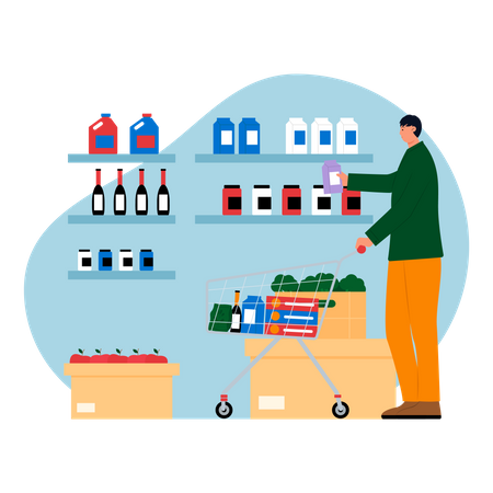 Man buying groceries at supermarket Illustration