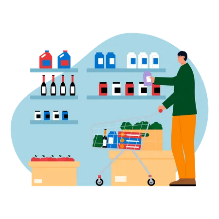 Man buying groceries at supermarket Illustration