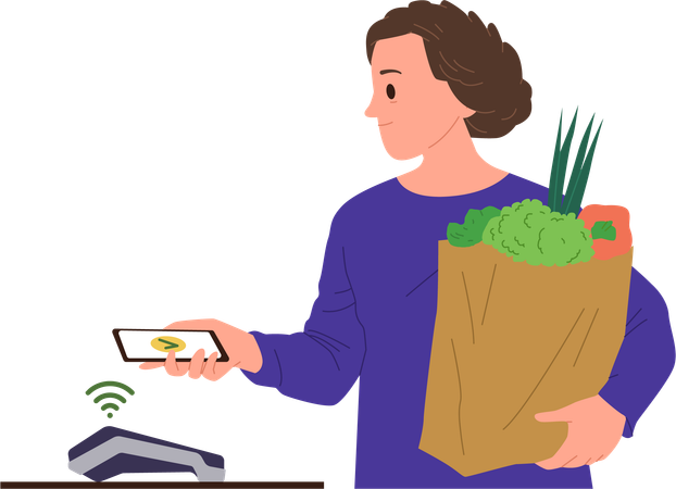 Man buying groceries paying for products with smartphone by pos terminal  Illustration