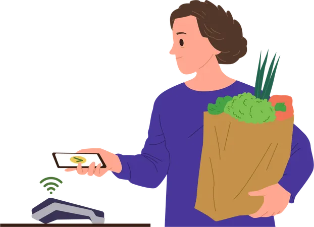 Man buying groceries paying for products with smartphone by pos terminal  Illustration