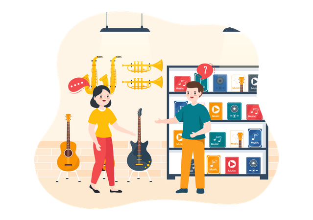 Man Buying Guitar from musical shop Illustration